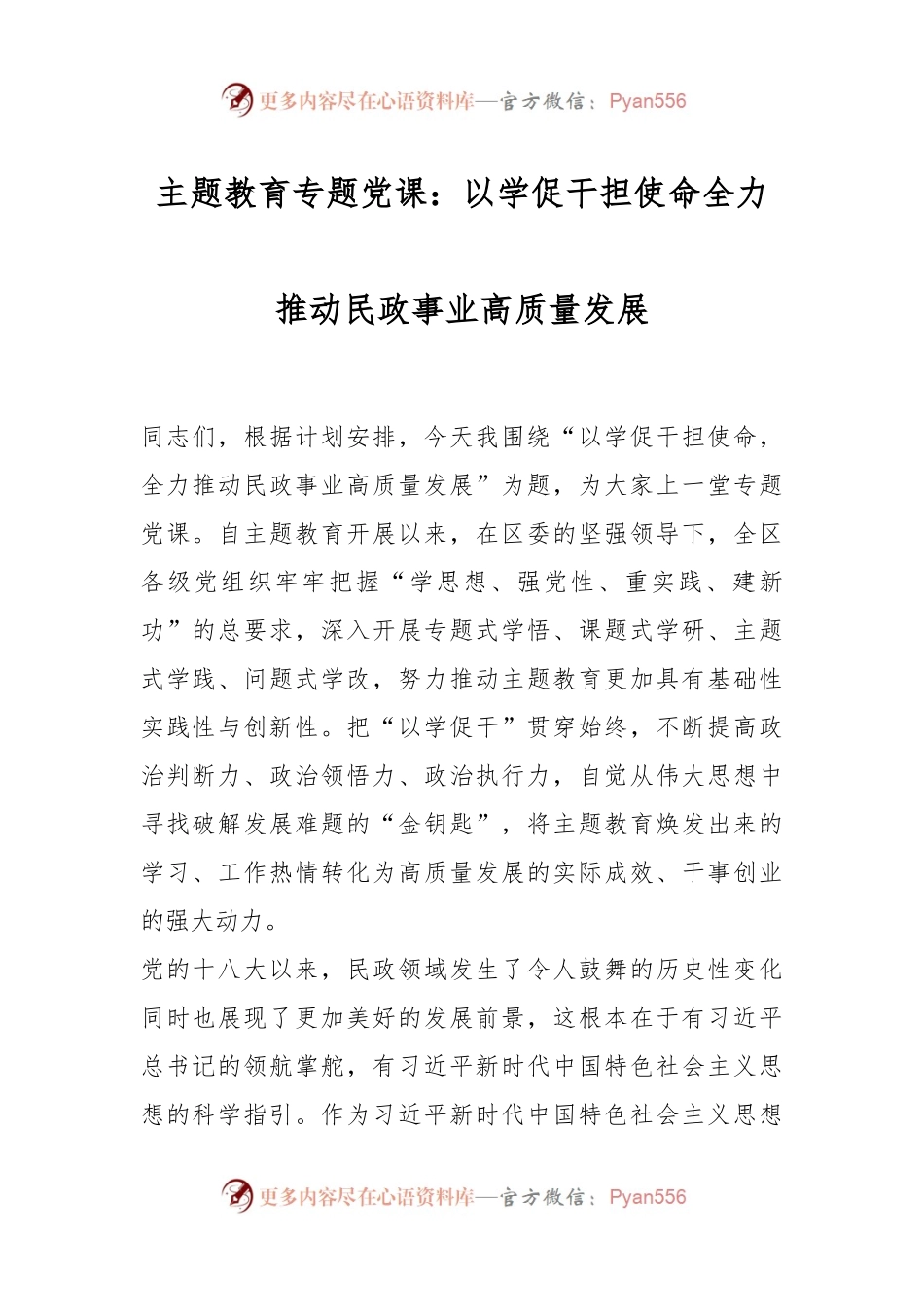 主题教育专题党课：以学促干担使命全力推动民政事业高质量发展.docx_第1页