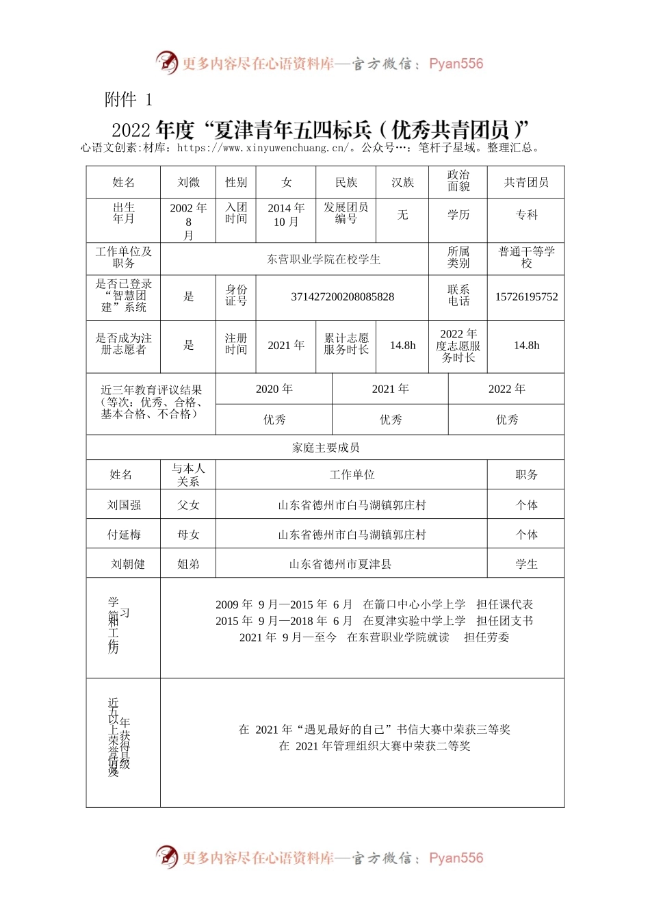 优秀共青团员申报材料.docx_第1页
