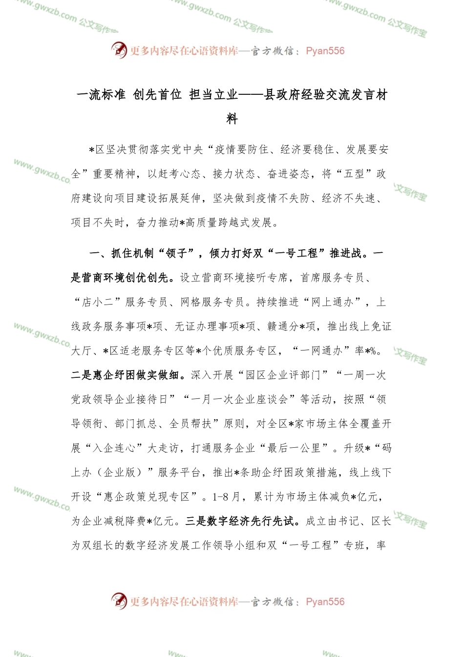 一流标准 创先首位 担当立业——县政府经验交流发言材料.docx_第1页
