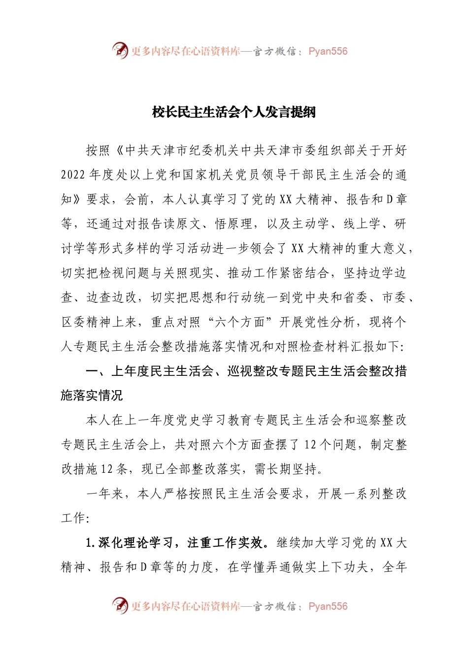 个人校长民主生活会个人发言提纲.docx_第1页