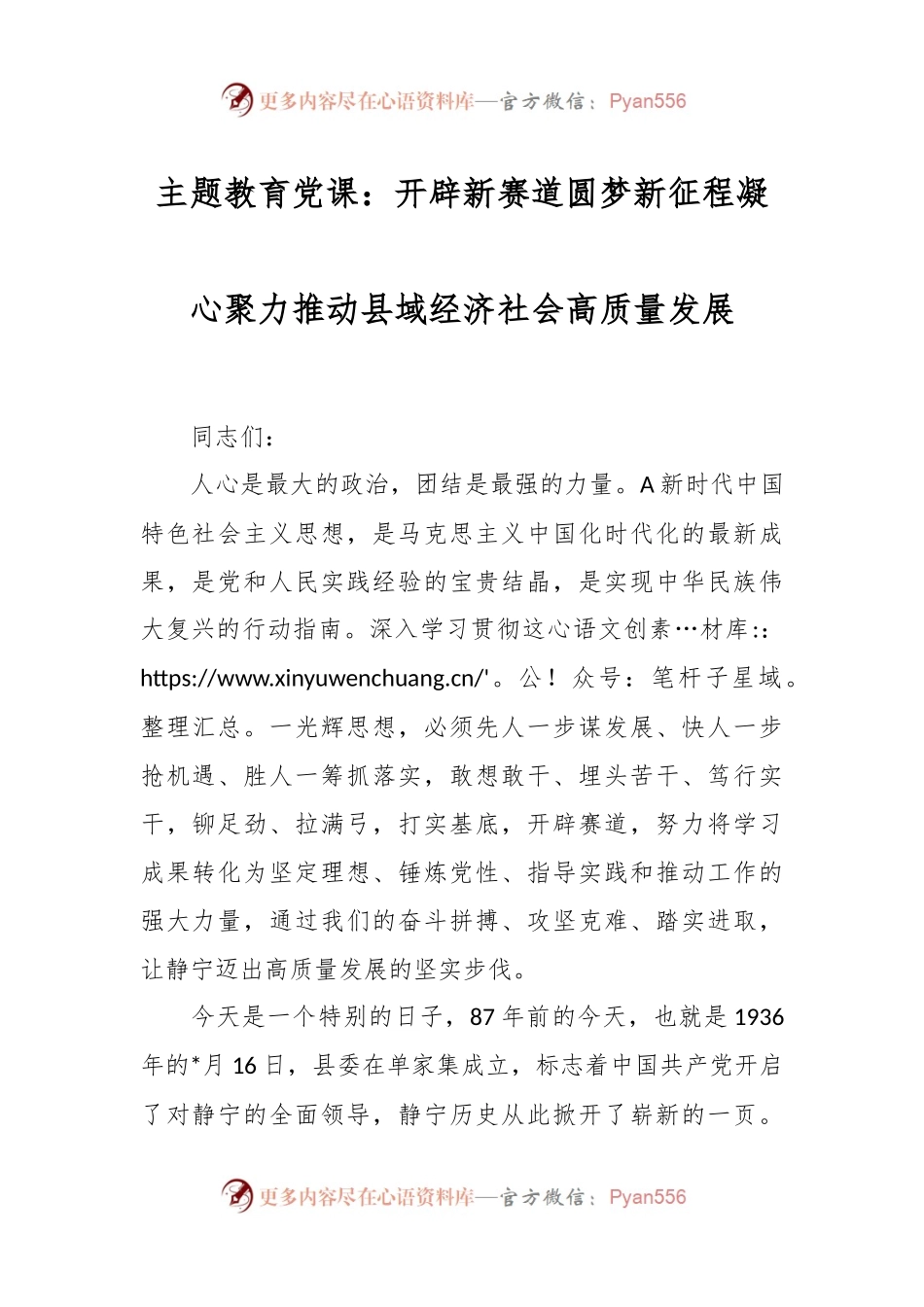 主题教育党课：开辟新赛道 圆梦新征程  凝心聚力推动县域经济社会高质量发展.docx_第1页