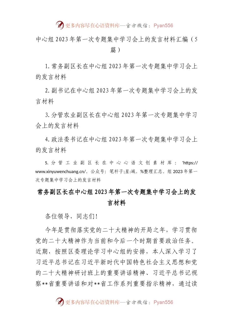 中心组2023年第一次专题集中学习会上的发言材料汇编（5篇）.docx_第1页