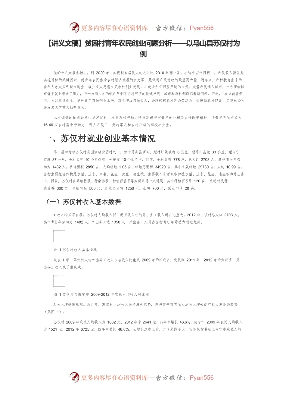 【讲义文稿】贫困村青年农民创业问题分析——以XX县苏仅村为例.docx_第1页