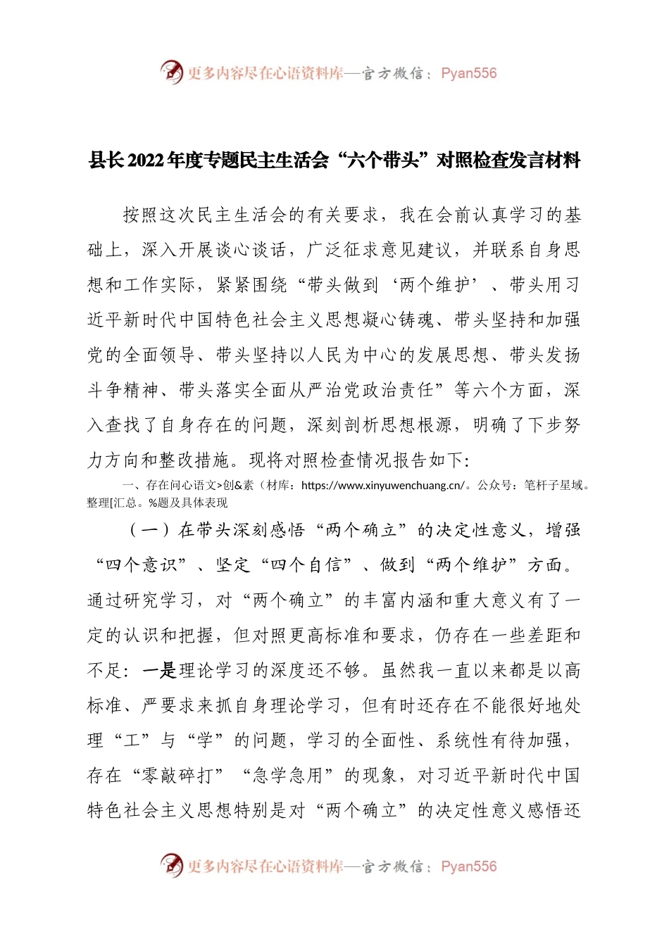 个人县长2022年度专题民主生活会“六个带头”对照检查发言材料.docx_第1页