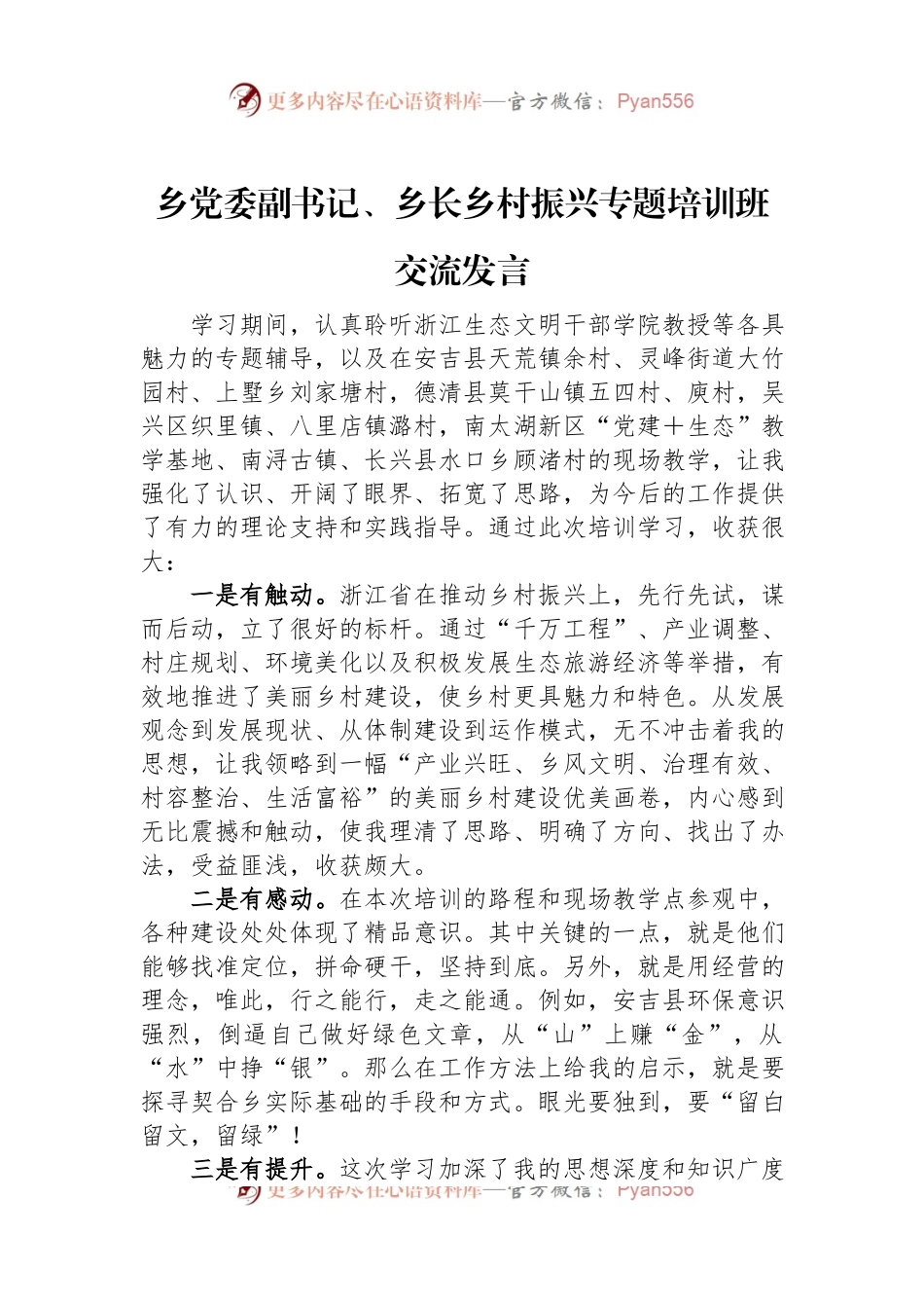 乡党委副书记、乡长乡村振兴专题培训班交流发言.docx_第1页