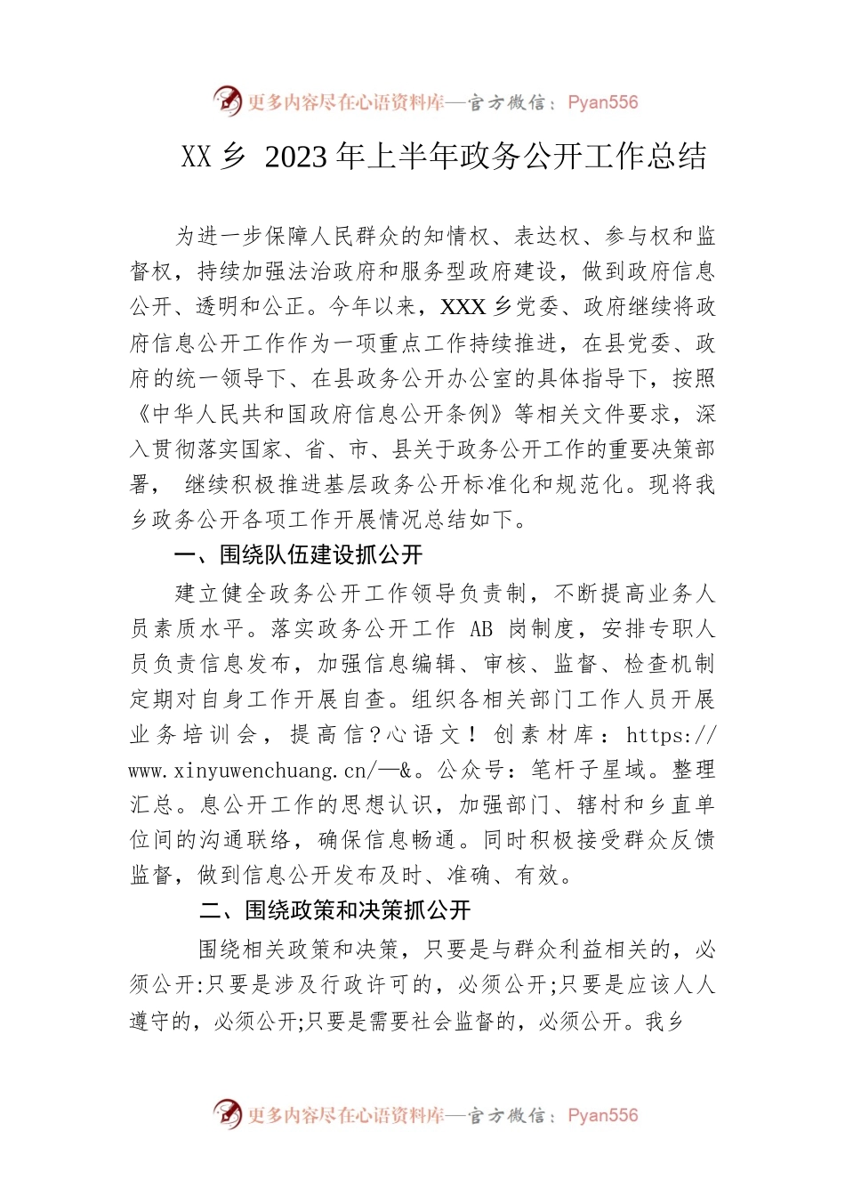 乡2023年上半年政务公开工作总结(20230628).docx_第1页
