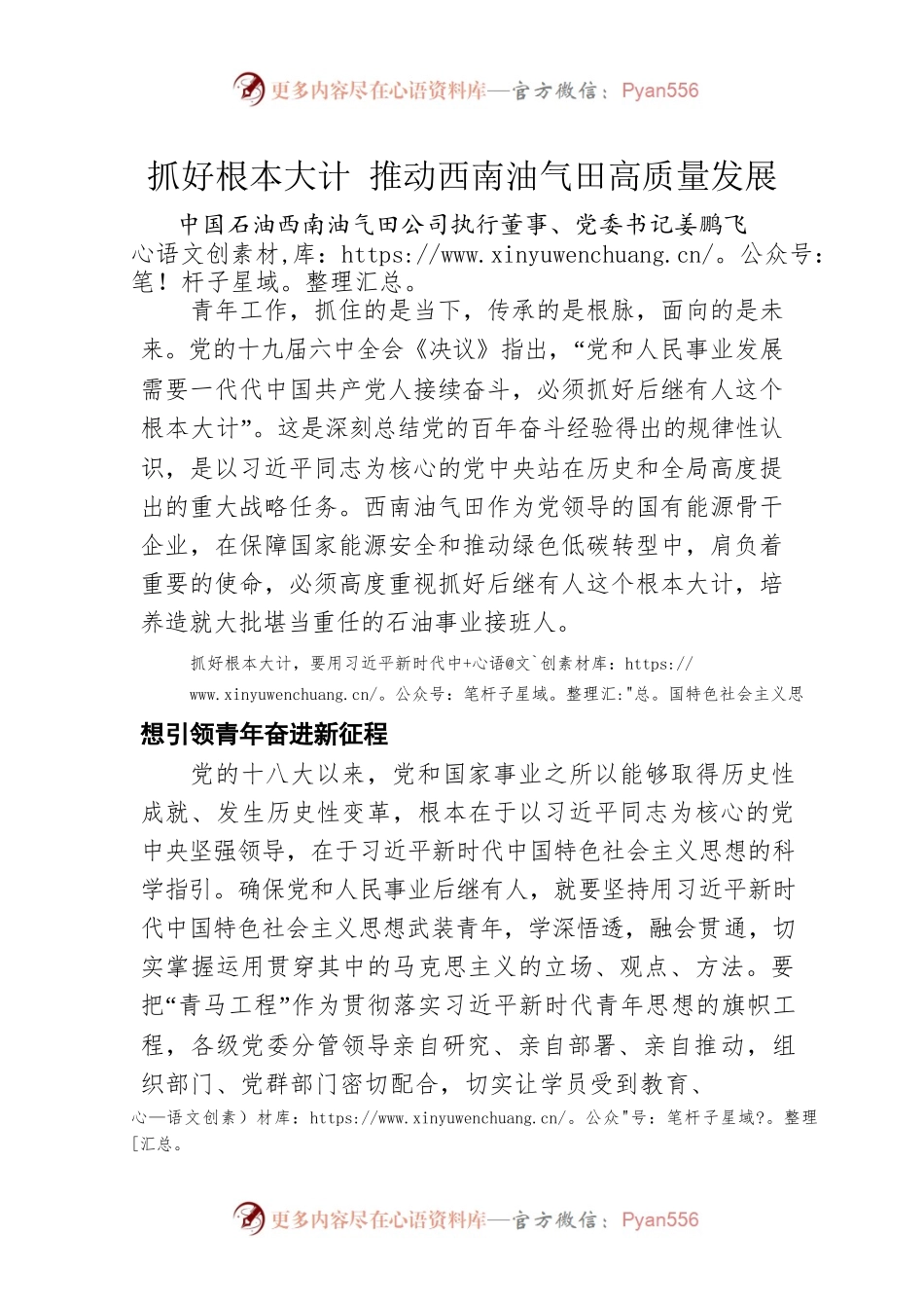中国石油西南油气田公司执行董事、党委书记姜鹏飞：抓好根本大计 推动西南油气田高质量发展（20220504）.docx_第1页