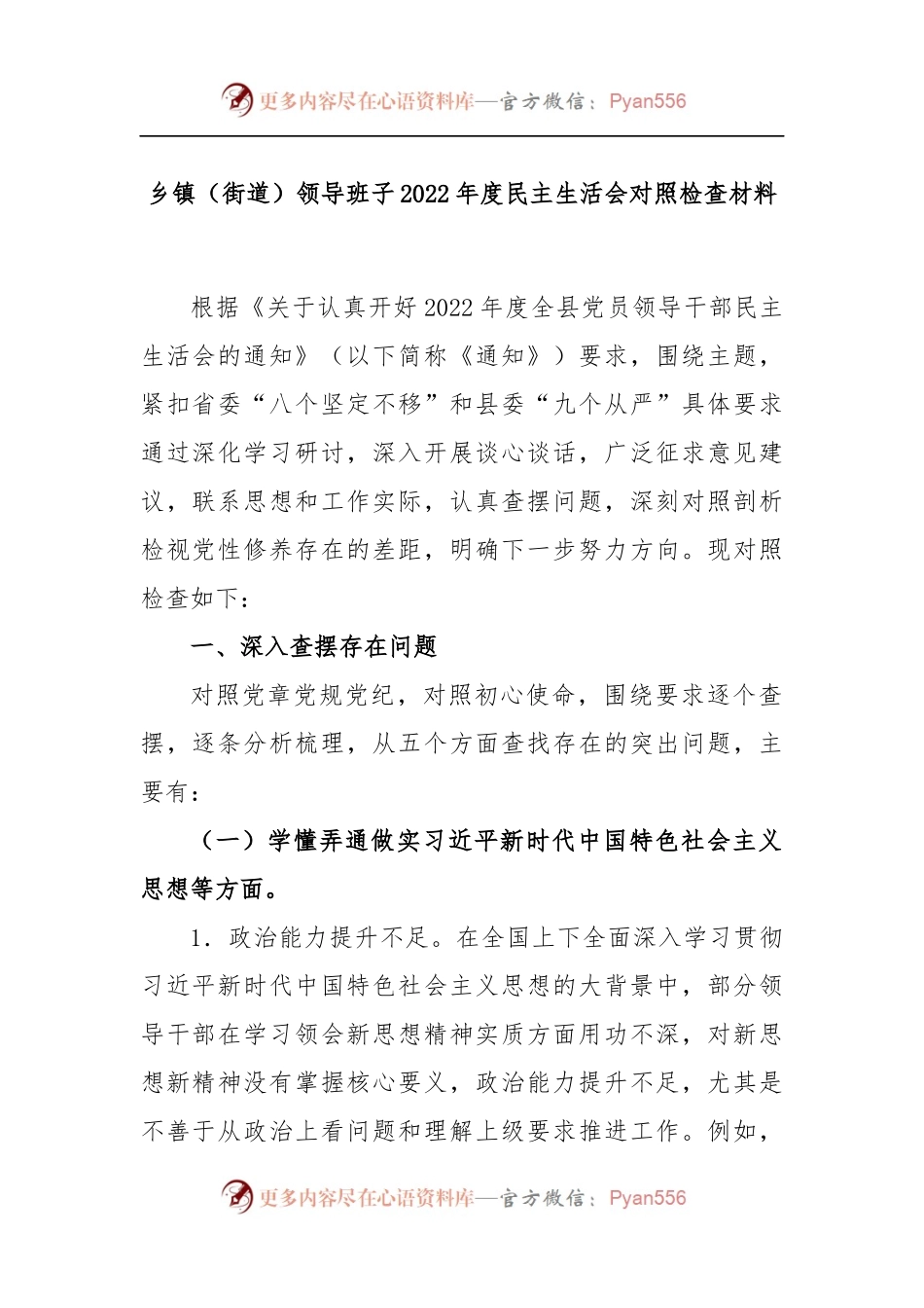 乡镇（街道）领导班子2022年度民主生活会对照检查材料.docx_第1页