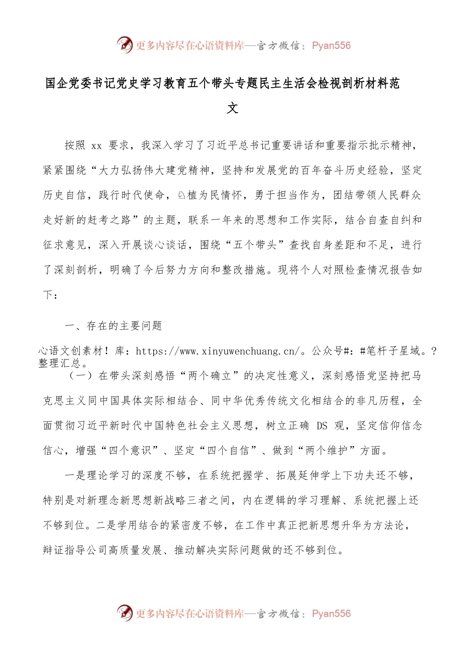 个人对照检查x教育五个带头专题x生活会检视剖析材料范文国有企业集团公司检视发言提纲.docx_第1页
