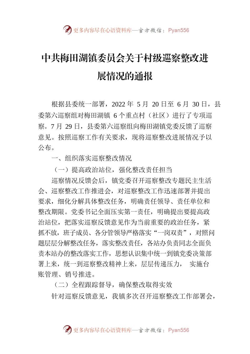 中共梅田湖镇委员会关于村级巡察整改进展情况的通报.docx_第1页