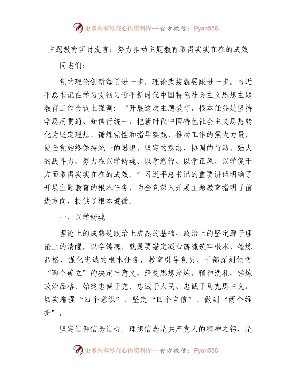 主题教育研讨发言：努力推动主题教育取得实实在在的成效4800字.docx_第1页