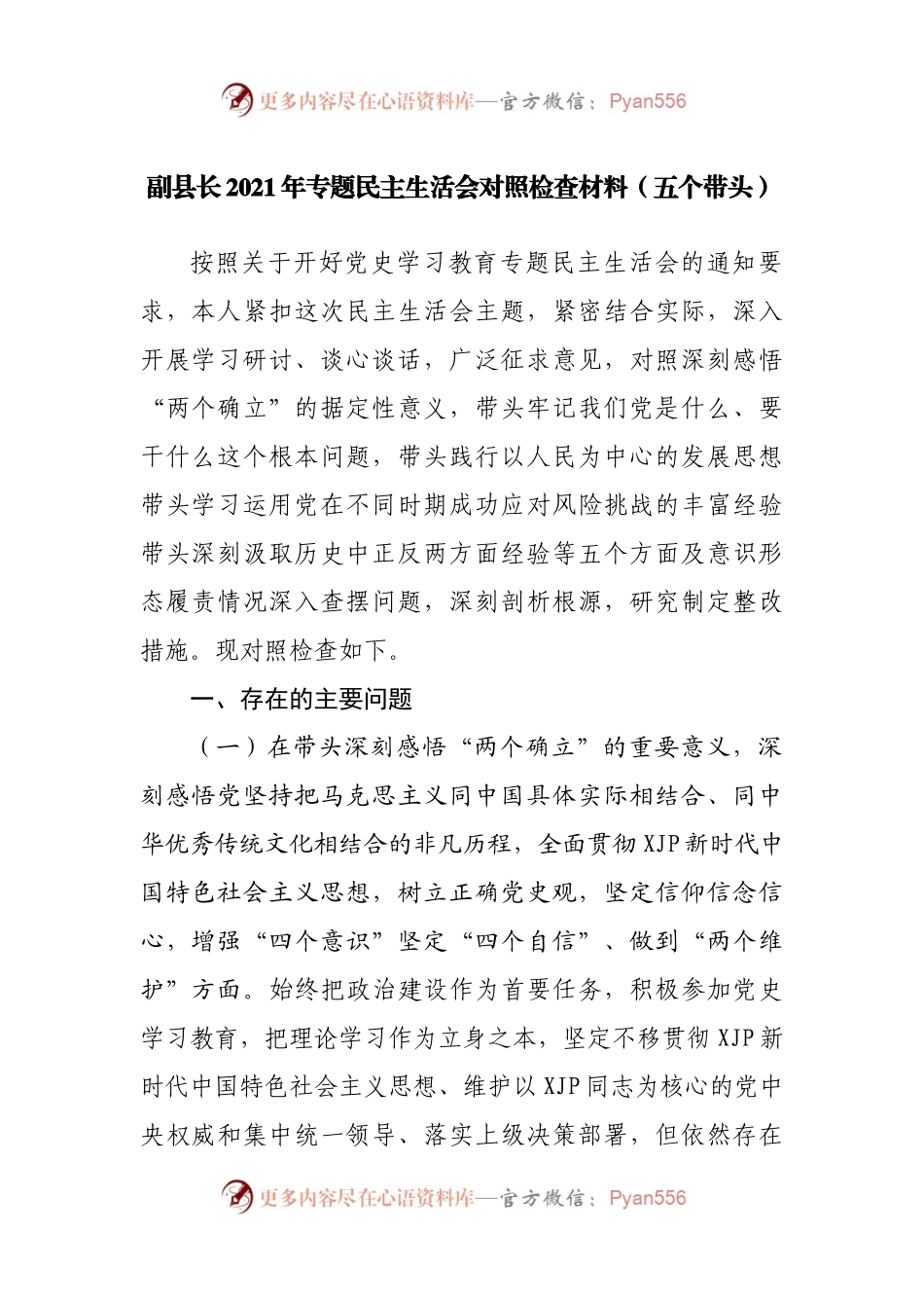 个人202x年专题民主生活会对照检查材料（副职）2.docx_第1页