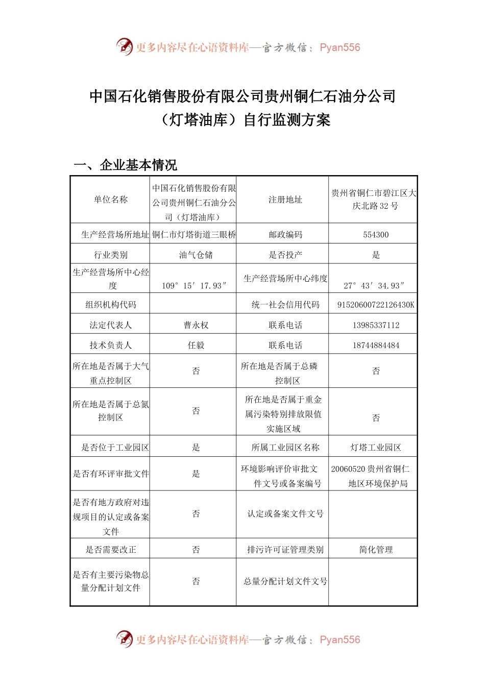 中国石化销售股份有限公司贵州铜仁石油分公司（灯塔油库）自行监测方案.docx_第1页