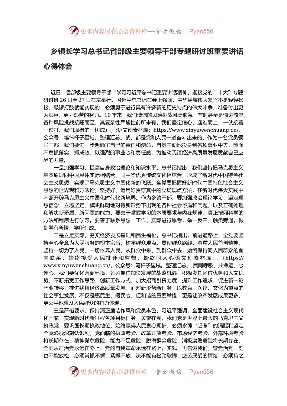 乡镇长学习总书记省部级主要领导干部专题研讨班重要讲话心得体会.docx_第1页
