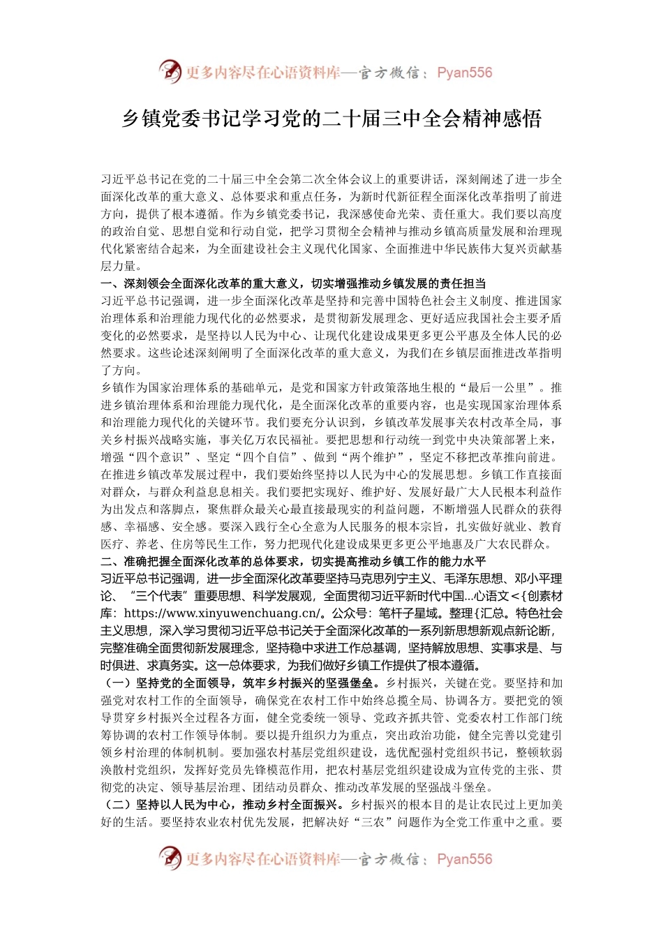 乡镇党委书记学习党的二十届三中全会精神感悟.docx_第1页