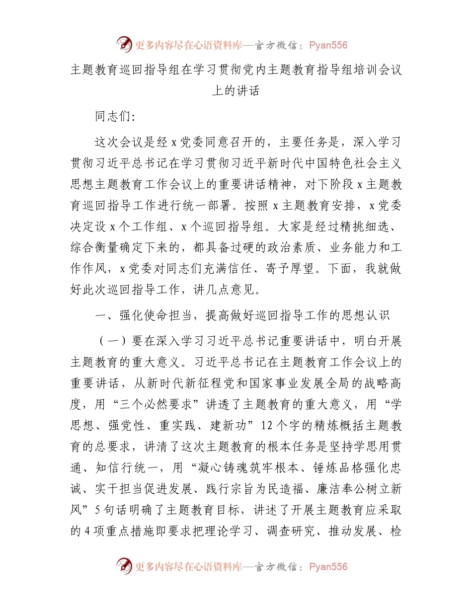 主题教育巡回指导组在学习贯彻主题教育指导组培训会议上的讲话.docx_第1页