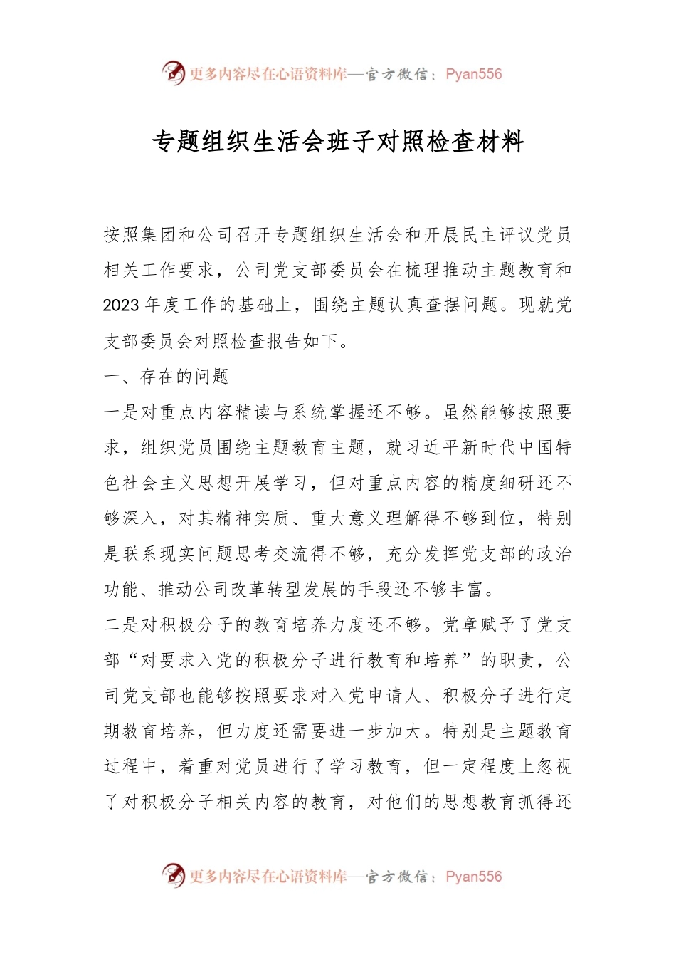 专题组织生活会班子对照检查材料.docx_第1页