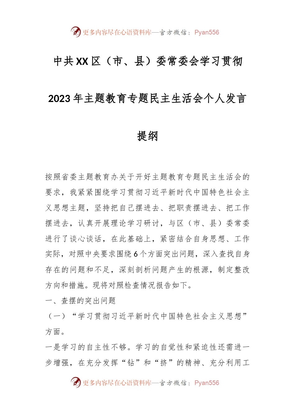 中共XX区（市、县）委常委会学习贯彻2023年主题教育专题民主生活会个人发言稿提纲.docx_第1页