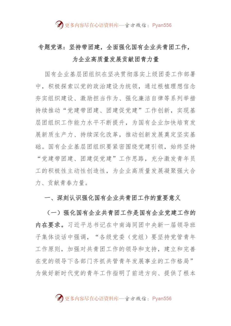 专题党课：坚持带团建，全面强化国有企业共青团工作，为企业高质量发展贡献团青力量.docx_第1页