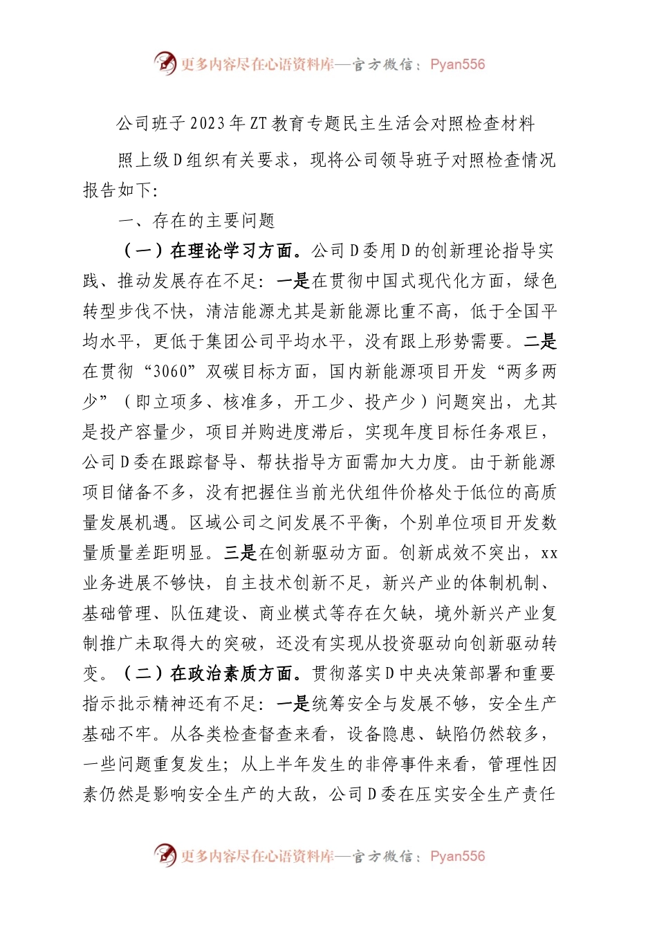 【班子对照检查】公司班子2023年主题教育专题民主生活会对照检查材料（企业，检视剖析，发言提纲，六个方面，范文）.docx_第1页