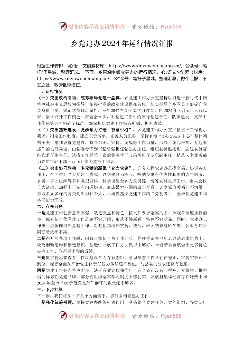 乡党建办2024年运行情况汇报.docx_第1页