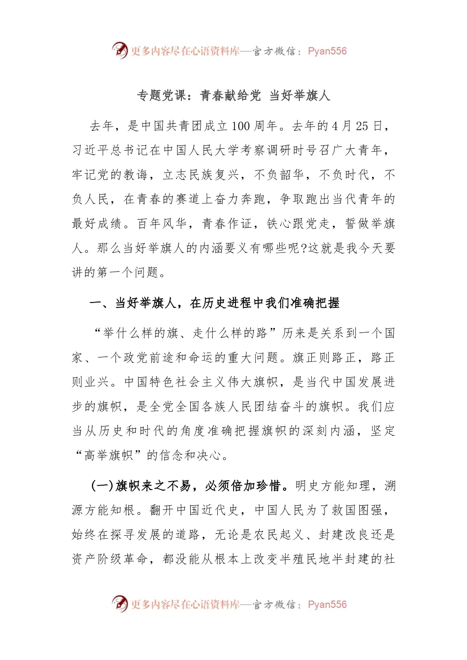 专题党课：青春献给党 当好举旗人.docx_第1页