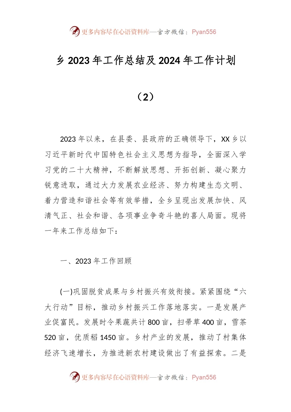 乡2023年工作总结及2024年工作计划（2）.docx_第1页