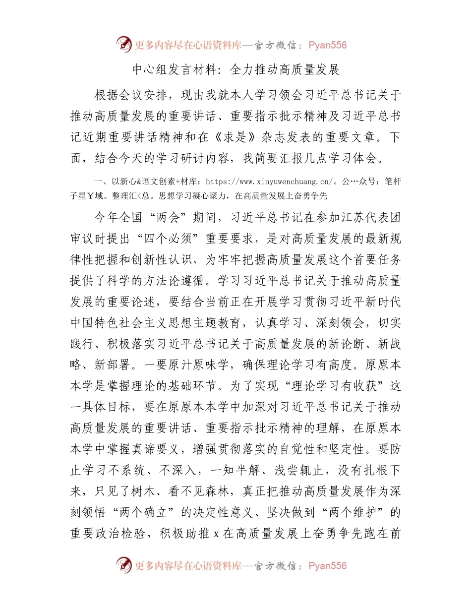 中心组全力推动高质量发展专题研讨发言.docx_第1页