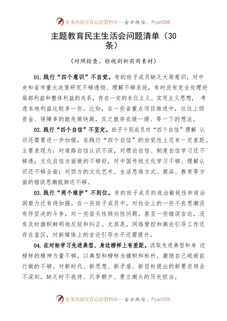 主题教育民主生活会问题清单（30条）（对照检查、检视剖析实用素材）.docx_第1页