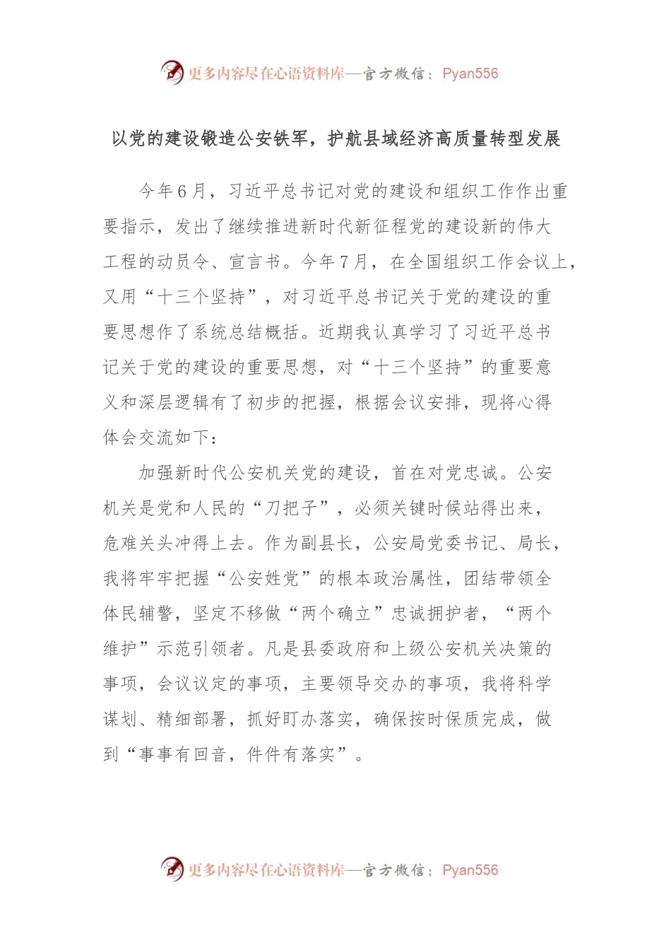 主题教育第二次交流发言材料：以党的建设锻造公安铁军，护航县域经济高质量转型发展.docx_第1页