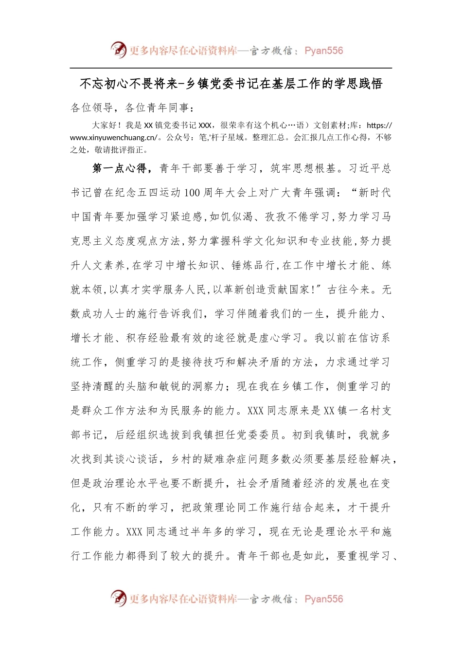 不忘初心不畏将来-乡镇党委书记在基层工作的学思践悟.docx_第1页