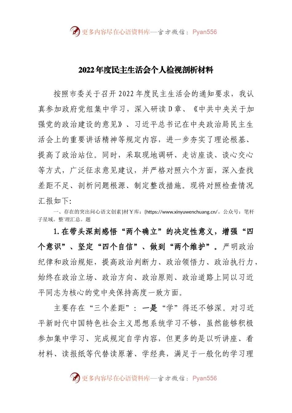 个人2022年度民主生活会个人检视剖析材料.docx_第1页