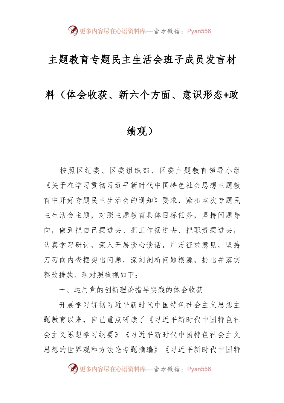 主题教育专题民主生活会班子成员发言稿材料（体会收获、新六个方面、意识形态+政绩观）.docx_第1页
