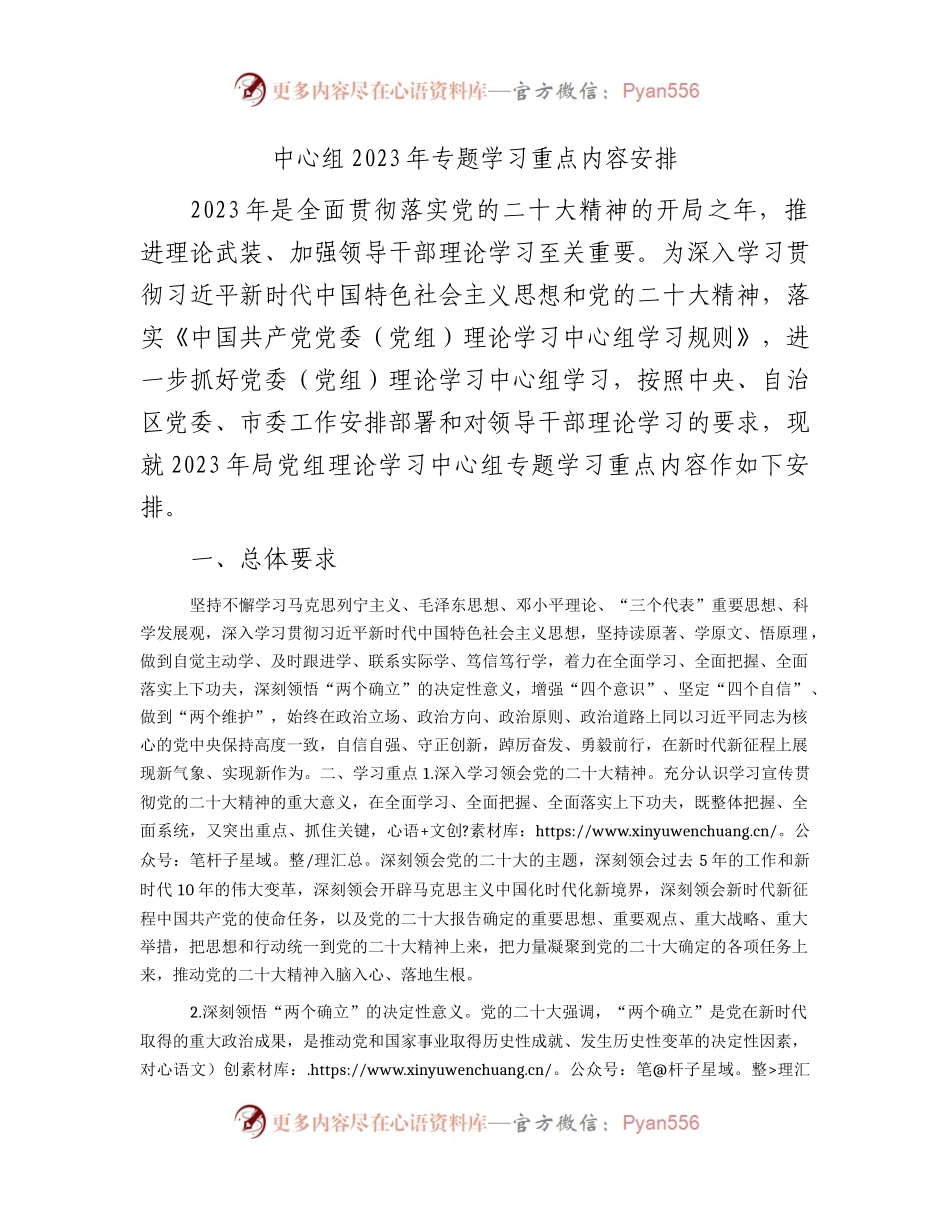中心组2023年专题学习重点内容安排（计划6100字）.docx_第1页