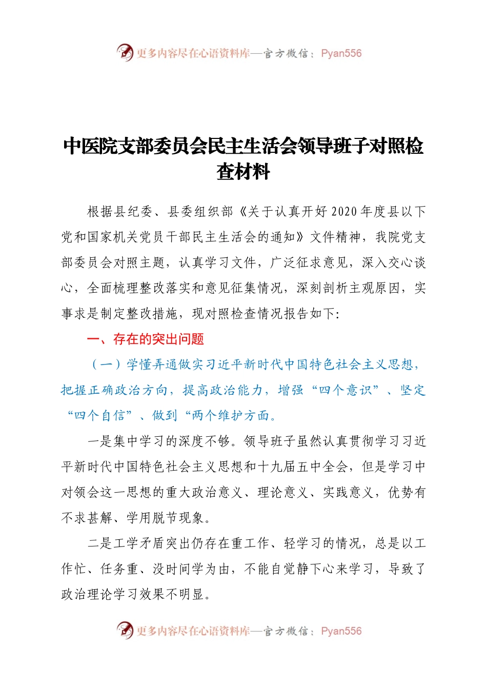 中医院支部委员会民主生活会领导班子对照检查材料.docx_第1页