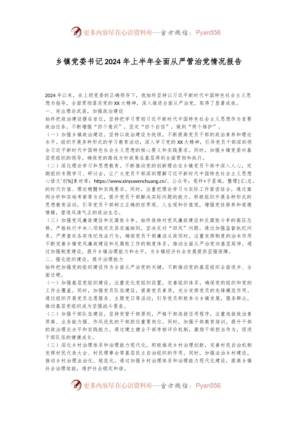 乡镇党委书记2024年上半年全面从严管治党情况报告.docx_第1页