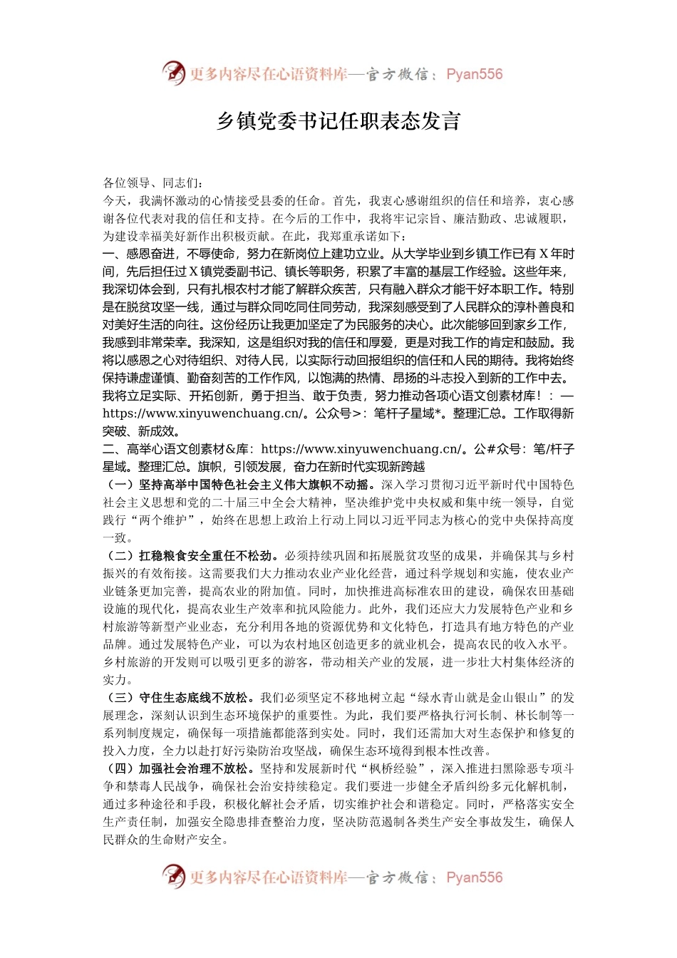 乡镇党委书记任职表态发言.docx_第1页