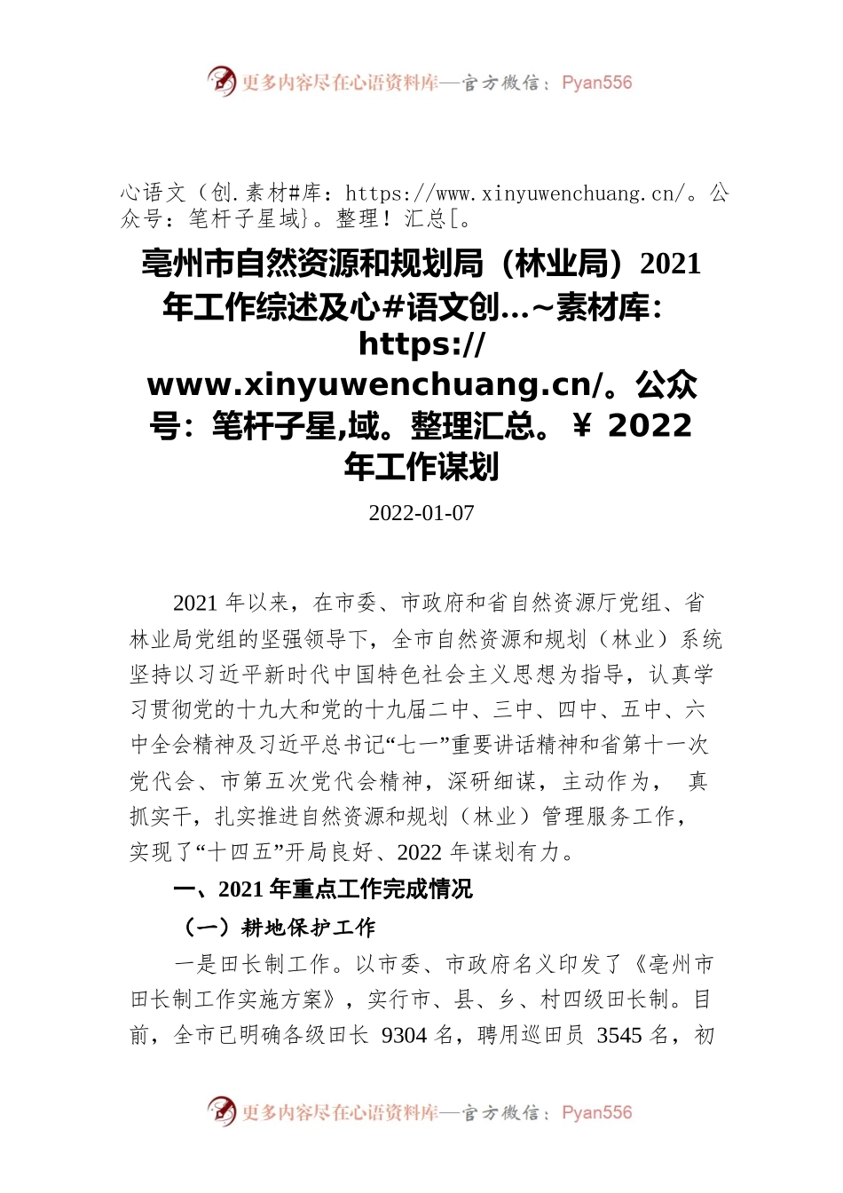 亳州市自然资源和规划局（林业局）2021年工作综述及2022年工作谋划（20220107）.docx_第1页