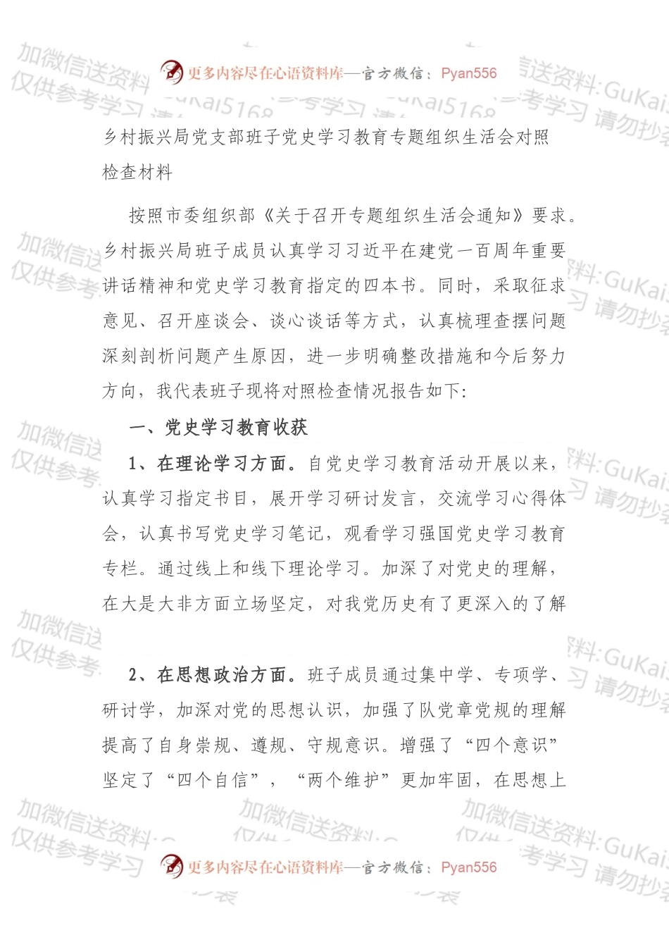 乡村振兴局党支部班子党史学习教育专题组织生活会对照检查材料.docx_第1页