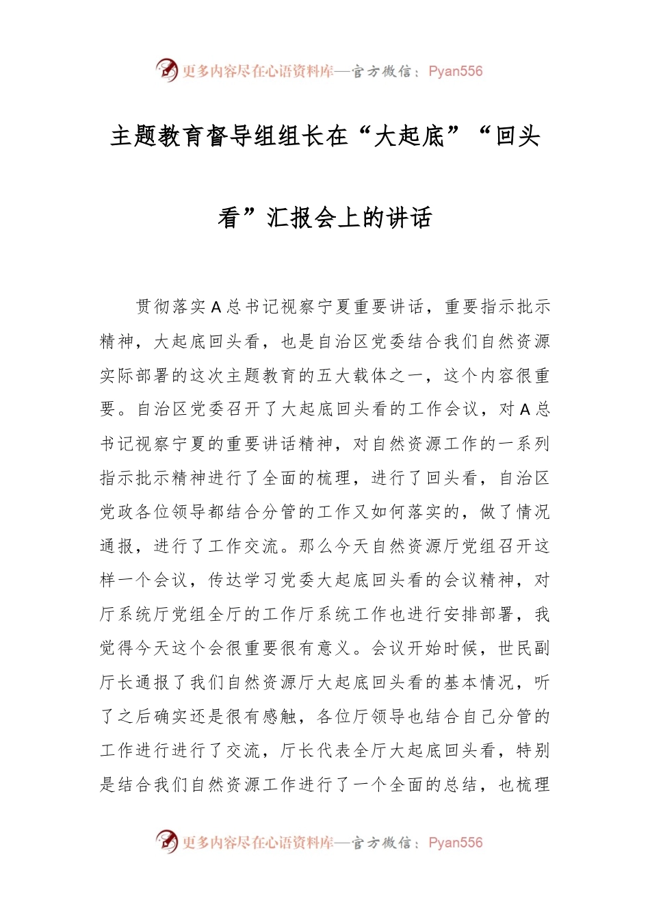 主题教育督导组组长在“大起底”“回头看”汇报会上的讲话.docx_第1页