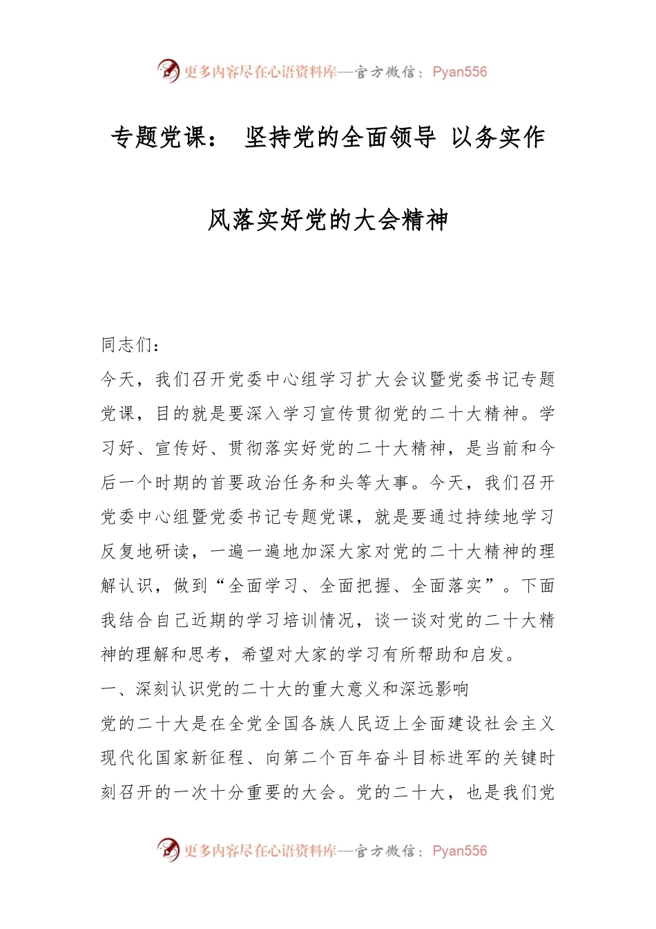 专题党课： 坚持党的全面领导 以务实作风落实好党的大会精神.docx_第1页