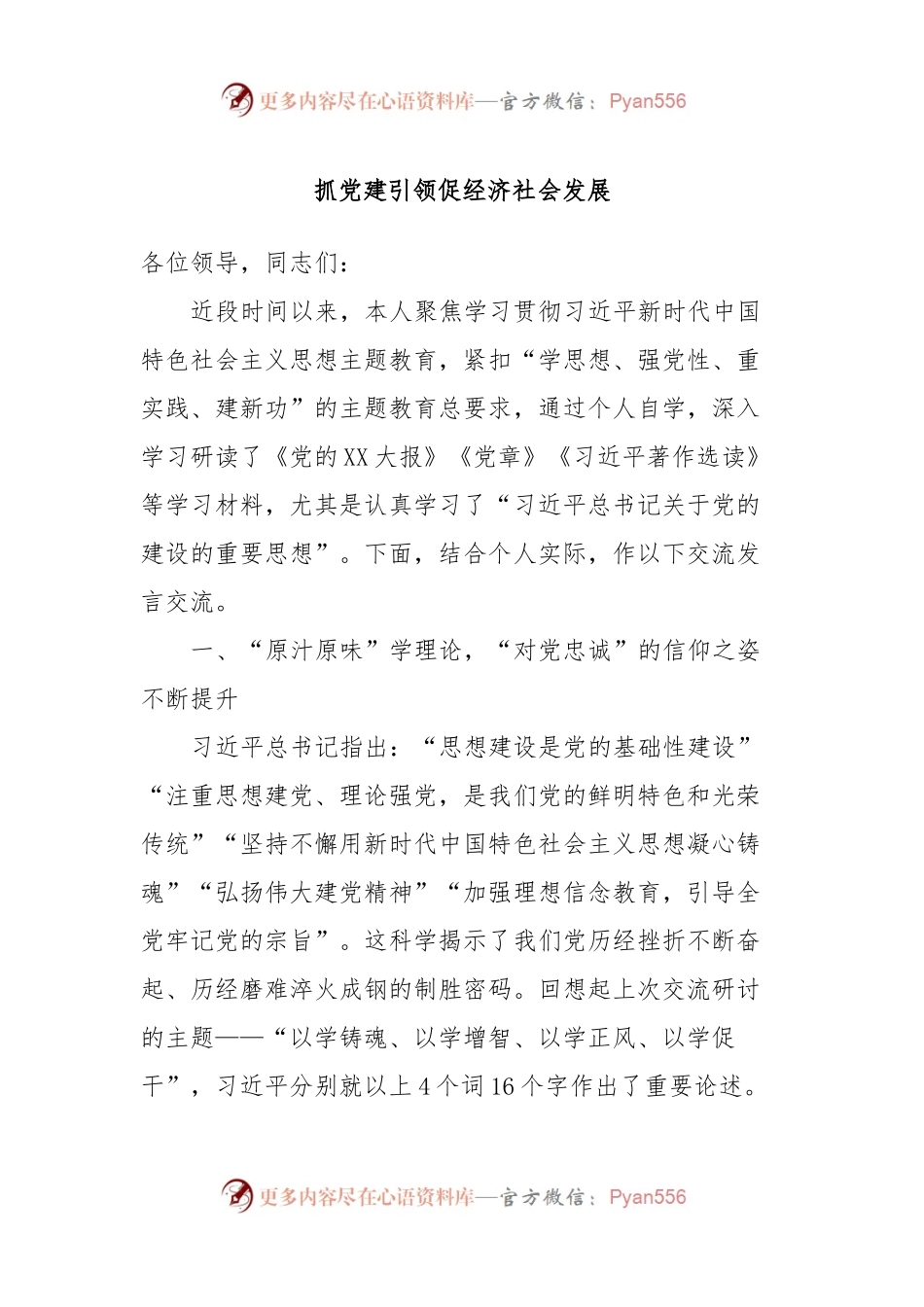 主题教育第二次交流发言材料：抓党建引领促经济社会发展.docx_第1页