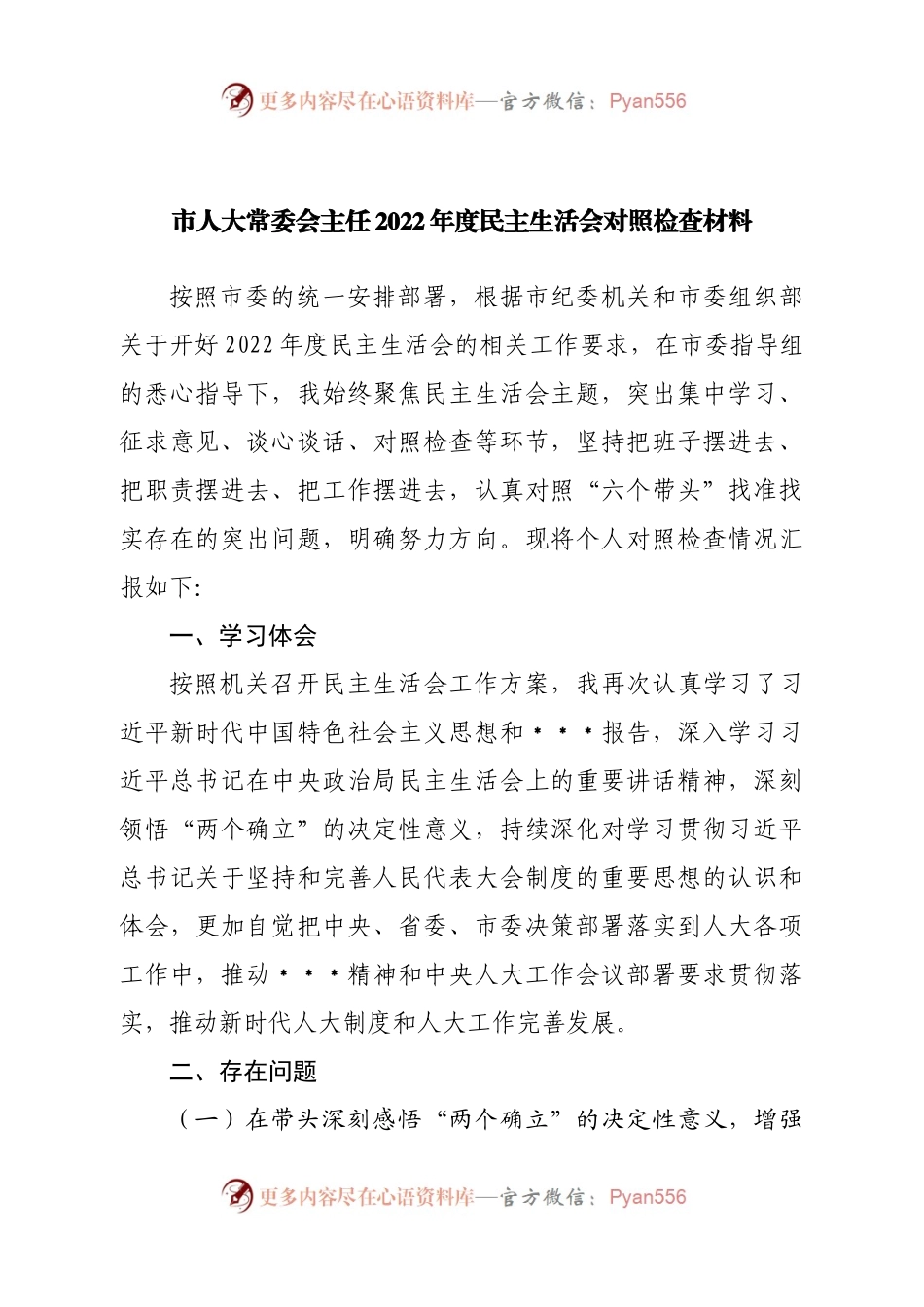 个人市人大常委会主任2022年度民主生活会对照检查材料.docx_第1页