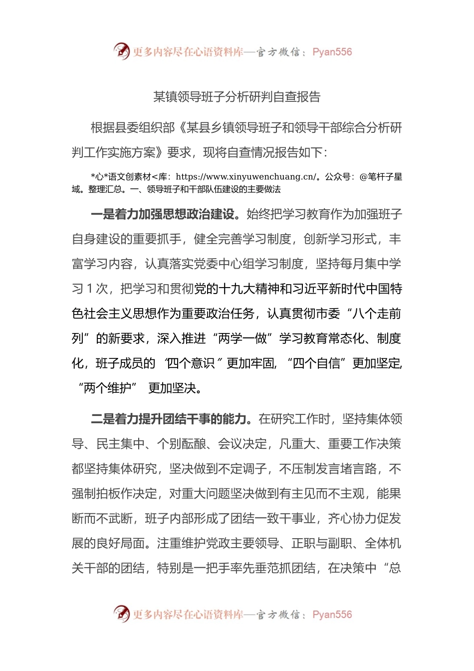 乡镇领导班子和班子成员分析研判自查报告.docx_第1页