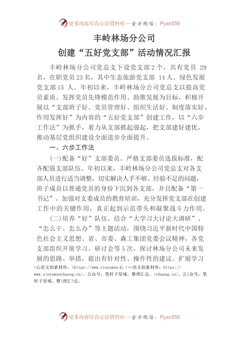 丰岭林场分公司“五好党支部”情况汇报.docx_第1页
