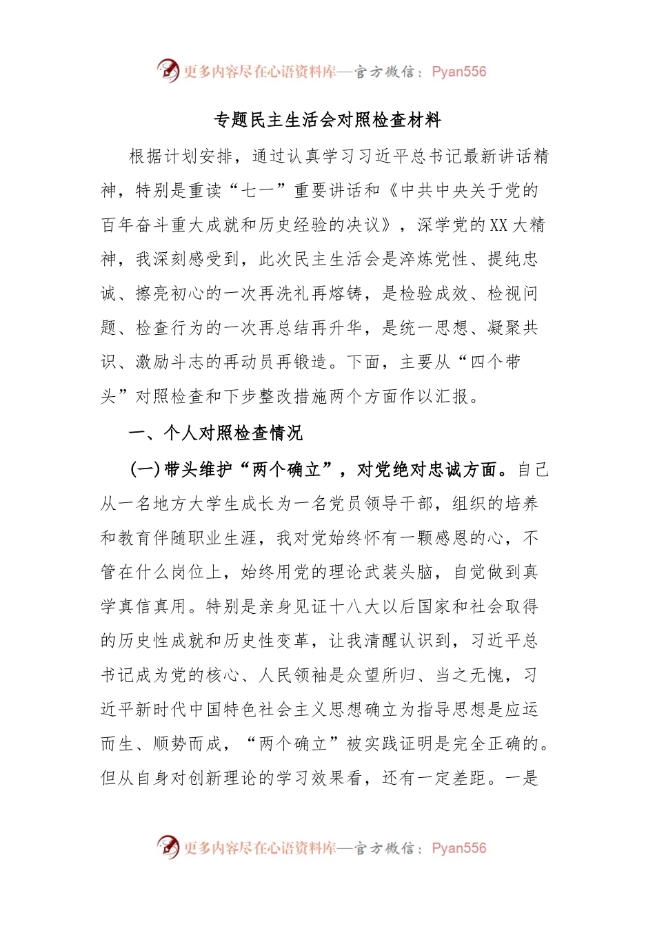 专题民主生活会对照检查材料.docx_第1页