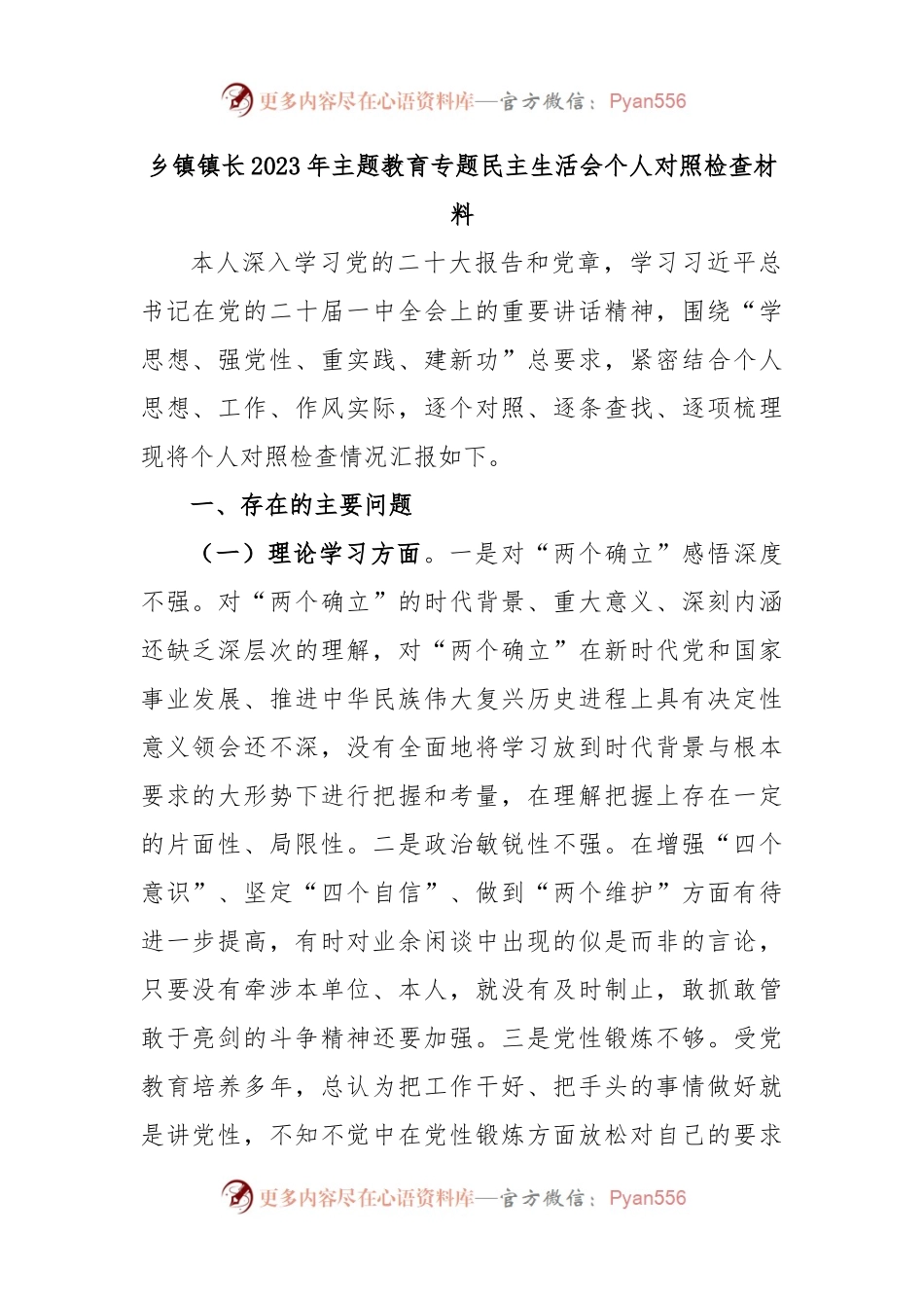 乡镇镇长2023年主题教育专题民主生活会个人对照检查材料.docx_第1页