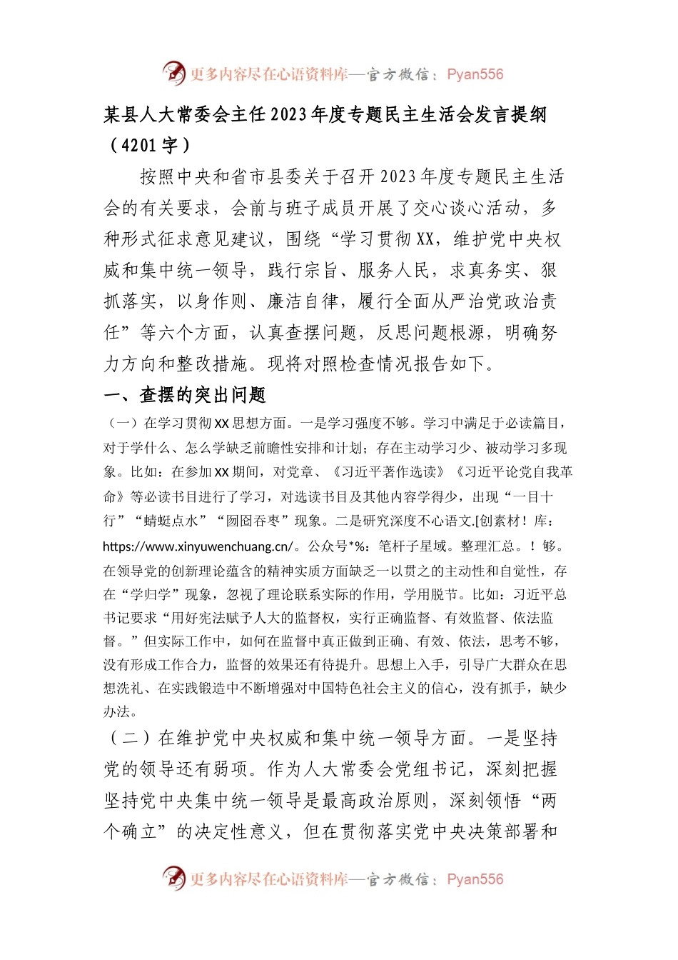 人大主任2023年主题教育民主生活会个人对照检查材料（践行宗旨等6个方面）.docx_第1页