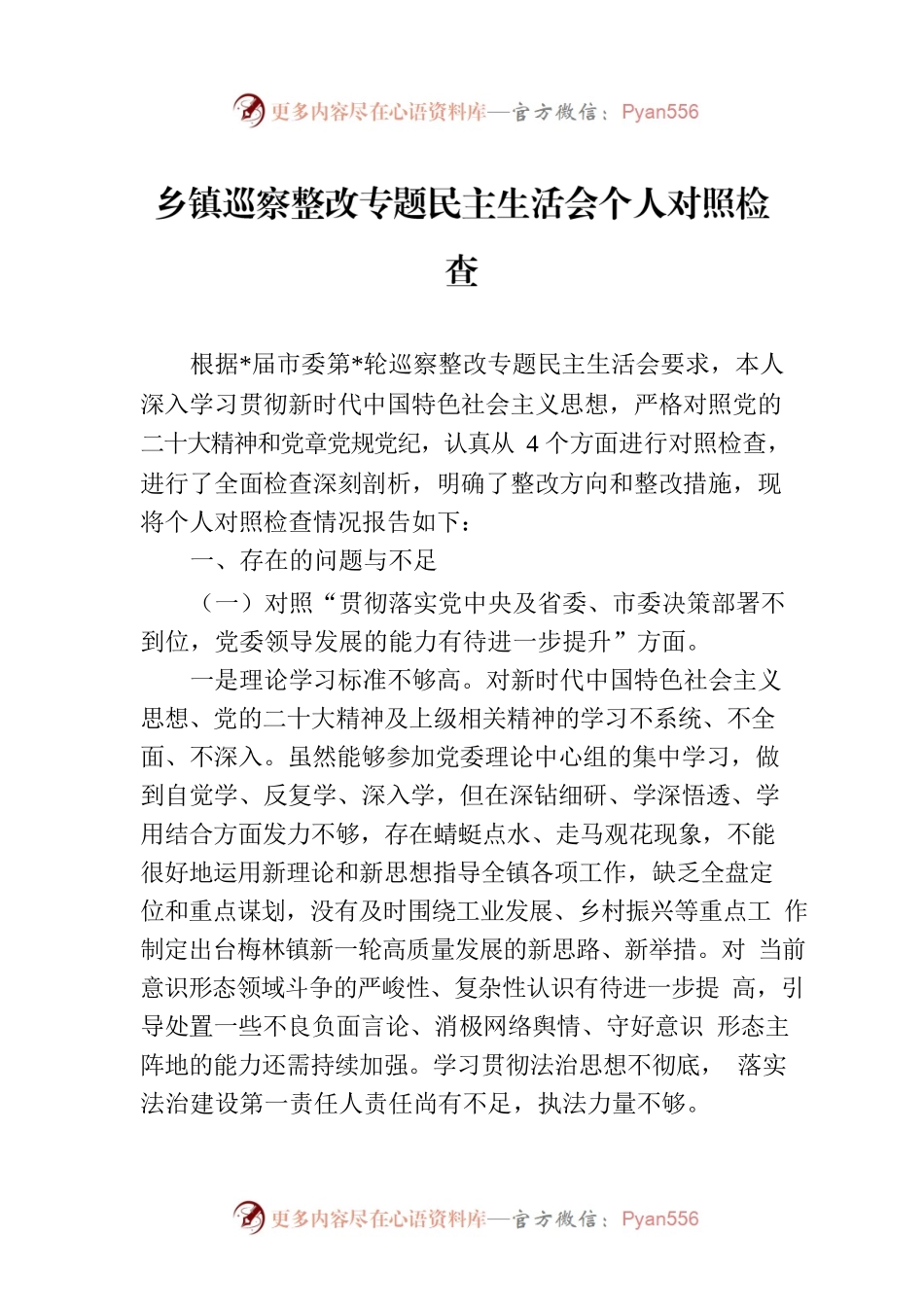 乡镇巡察整改专题民主生活会个人对照检查.docx_第1页