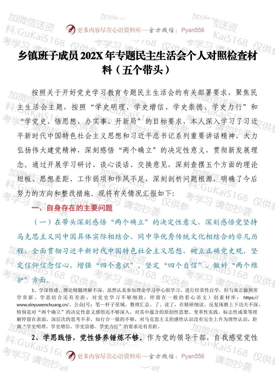 乡镇班子成员202X年专题民主生活会个人对照检查材料（五个带头）.docx_第1页